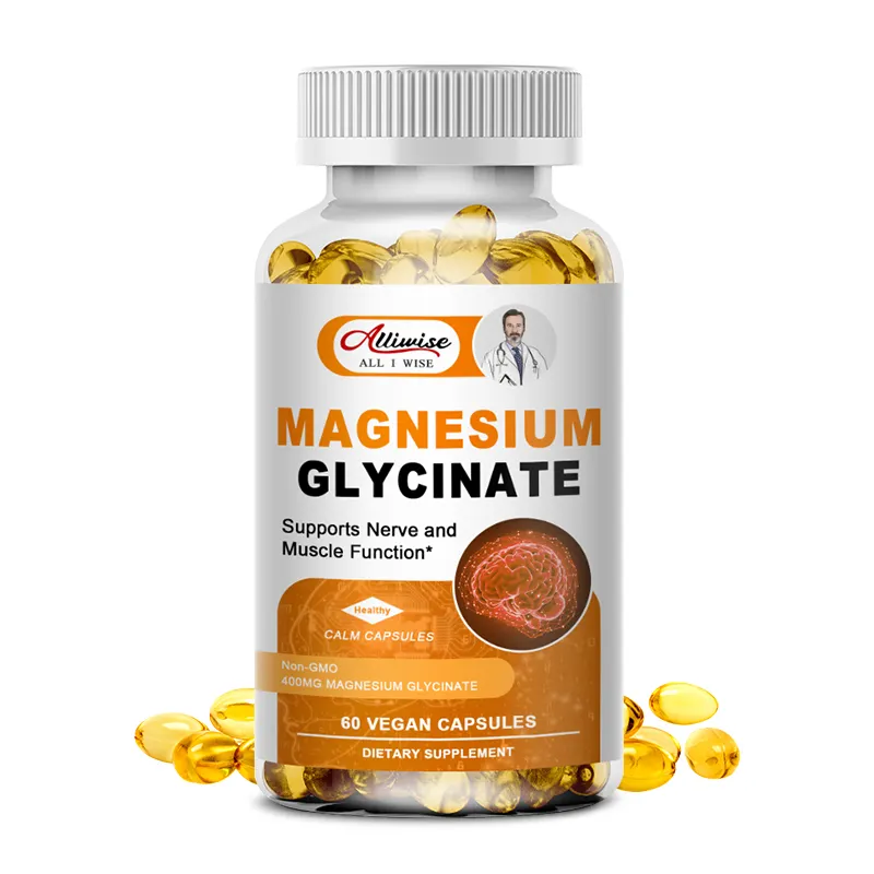 Vegan Friendly 60 piezas Suplemento alimenticio 500mg Cápsulas de glicinato de magnesio Mejorar el músculo