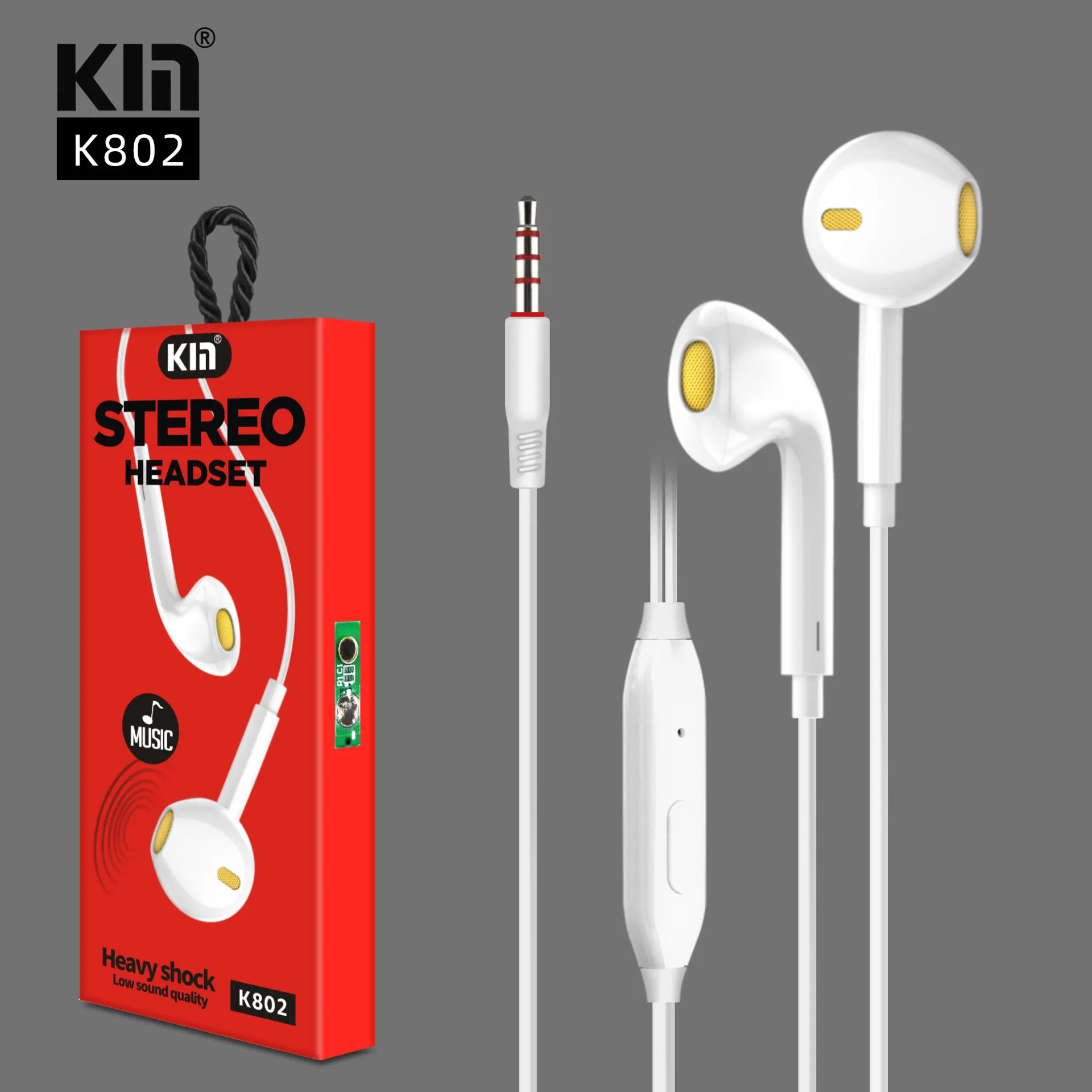 KM fábrica chinesa K802 fones de ouvido com fio 3.5 , controle de linha para ouvir música e fazer chamadas, tampões para os ouvidos do celular, capacitivo