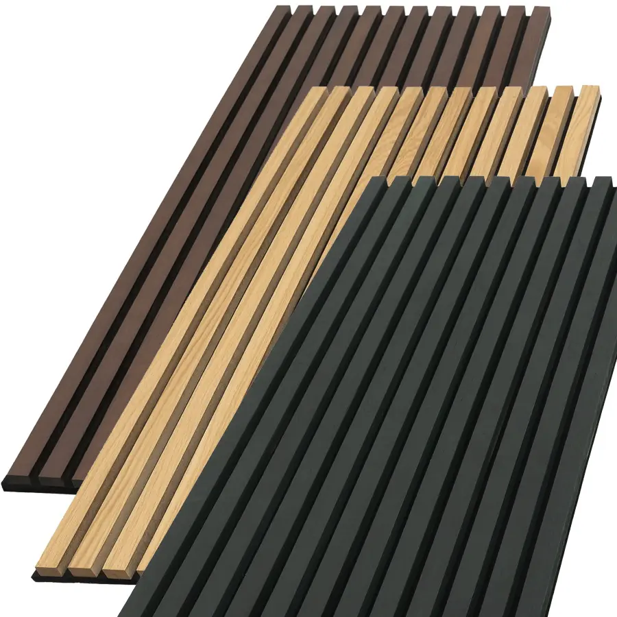 Paneles de pared acústicos de fibra de poliéster de madera de nogal natural Paneles de pared de material insonorizado 3D Mdf