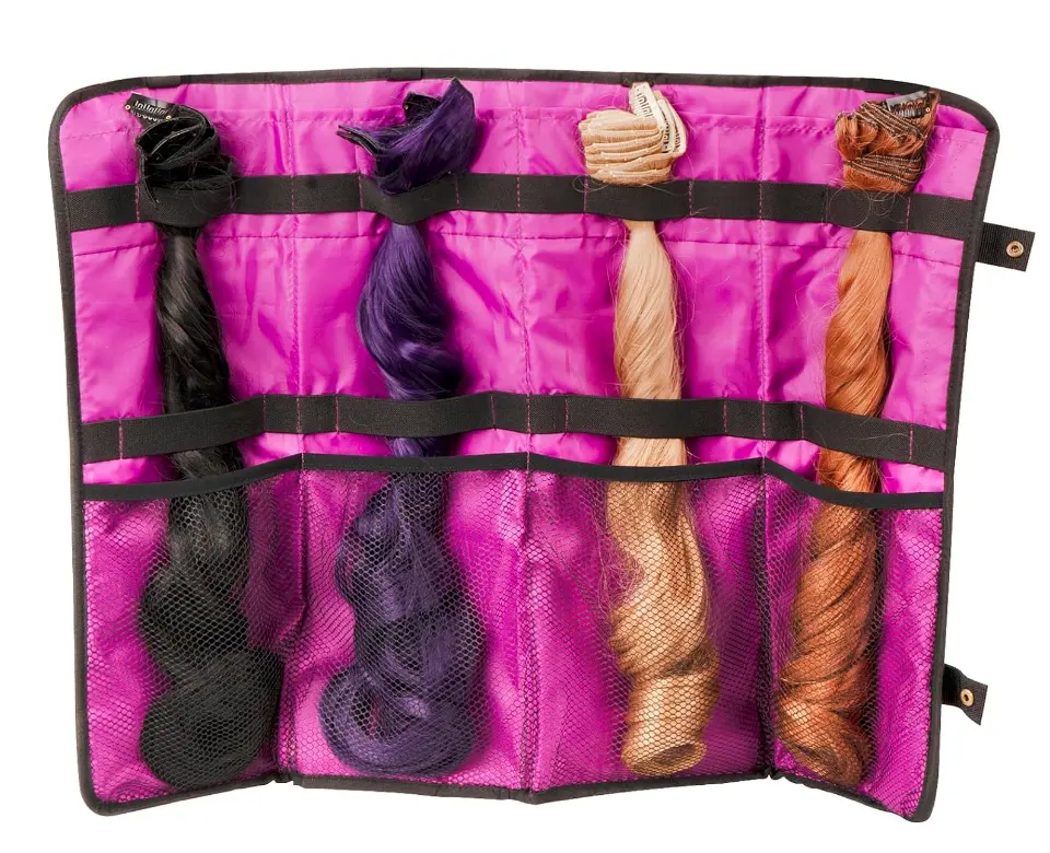 Bolsa de cabelo portátil personalizada para extensão de cabelo, bolsa com ganchos para peruca de cetim, bolsa de armazenamento com cabide