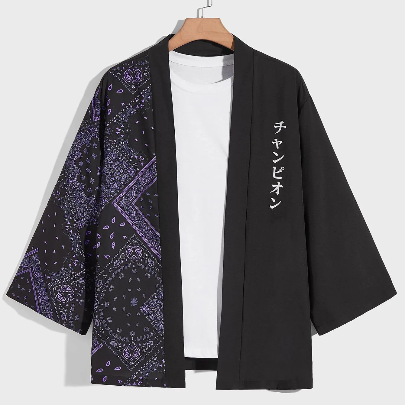 Herren Strickjacke im japanischen Stil Digitaldruck Cashew-Trend Kimono Halbarm-Spleiß hemd