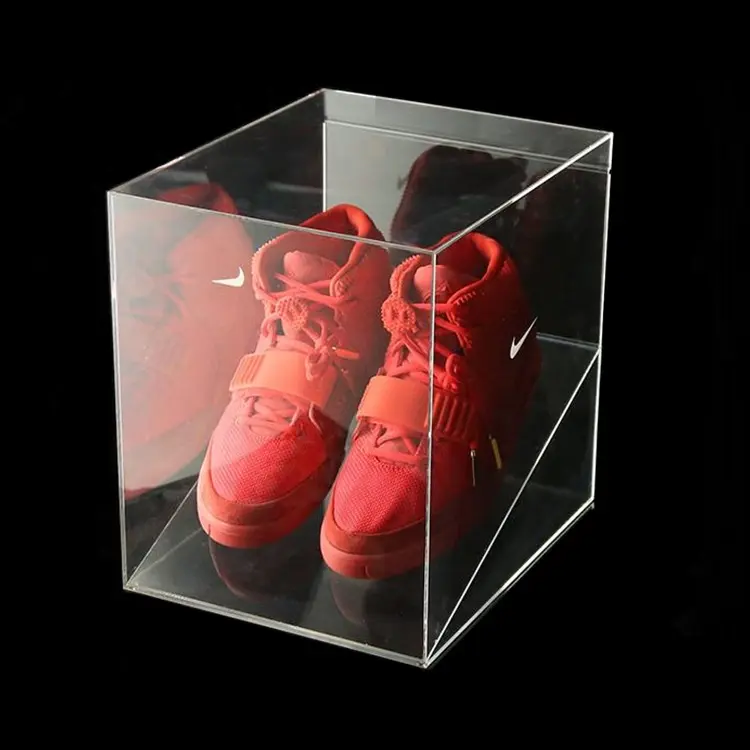 Caixa acrílica transparente modelo plexiglass nike, caixa acrílica de exibição de sapatos de basquete com cinco lado personalizado