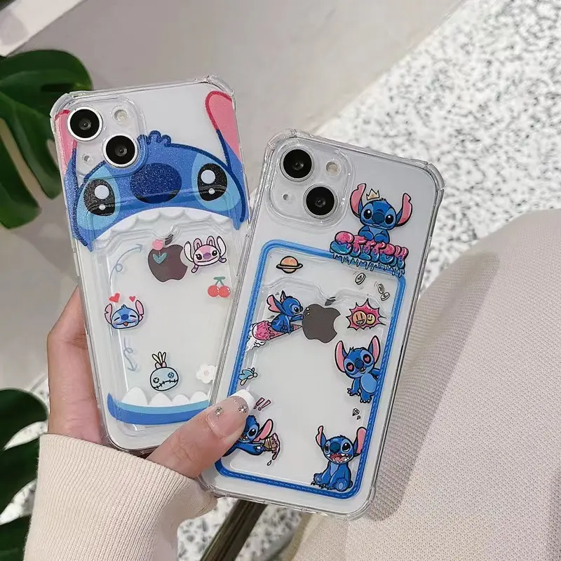 Funda de teléfono móvil transparente suave con tarjetero de dibujos animados Anime Stitch para iPhone 14 13 12 11 Pro Max