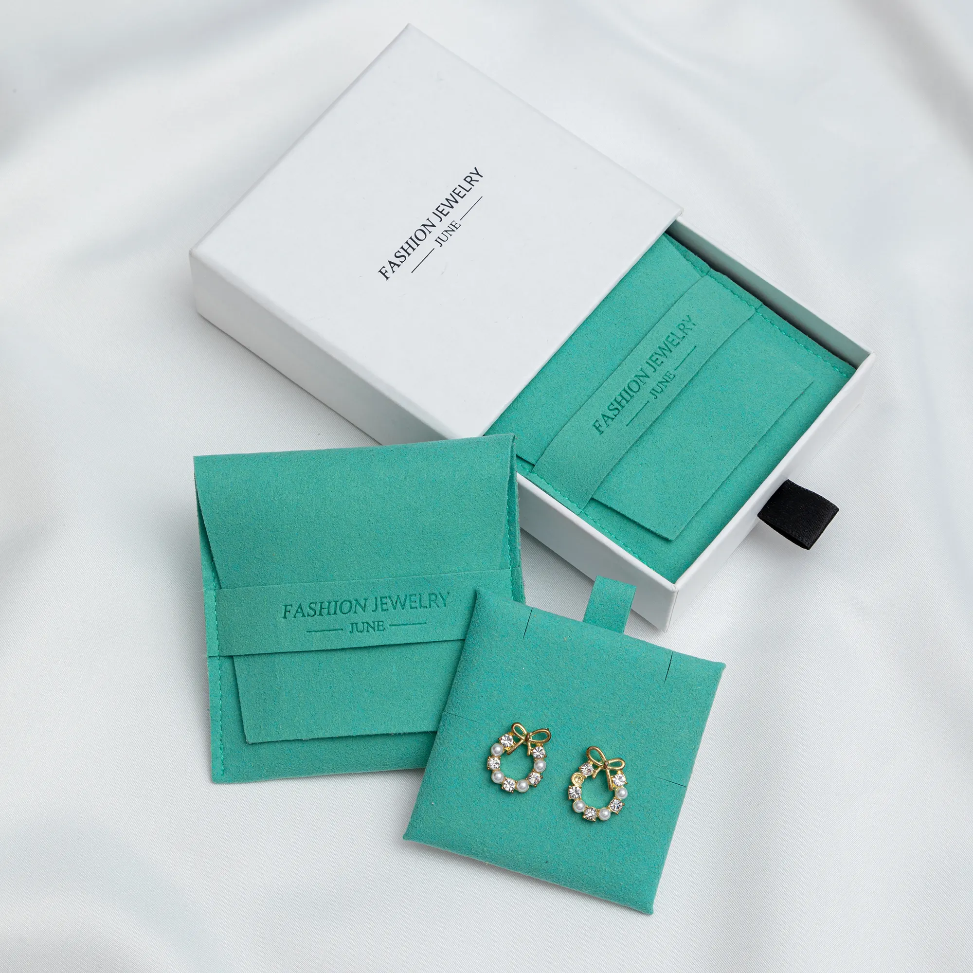 Bolsa de paquete de joyería personalizada turquesa, bolsas de joyería con solapa de microfibra y joyero con pantalla de inserción