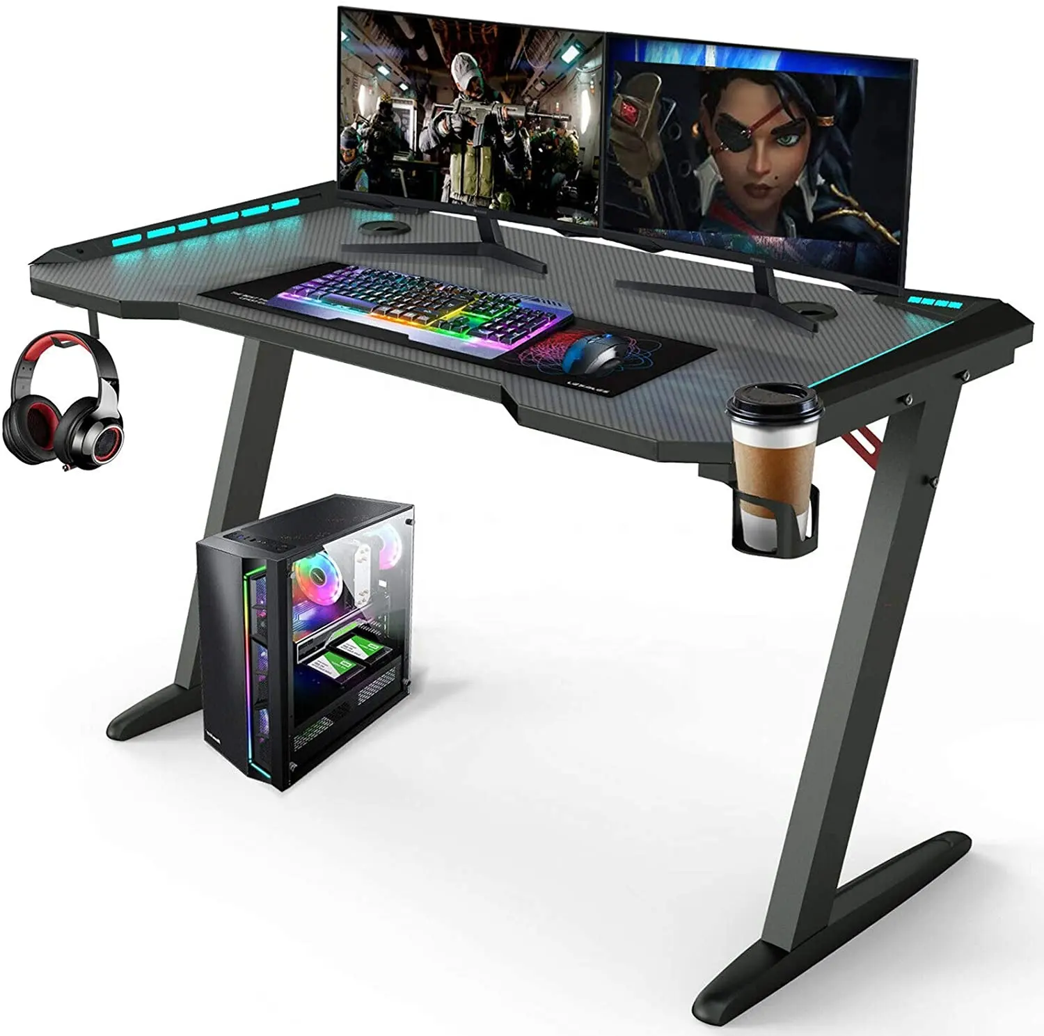 โต๊ะเล่นเกมสำหรับนักเล่นเกมโต๊ะคอมพิวเตอร์ RGB พร้อมที่วางแก้ว