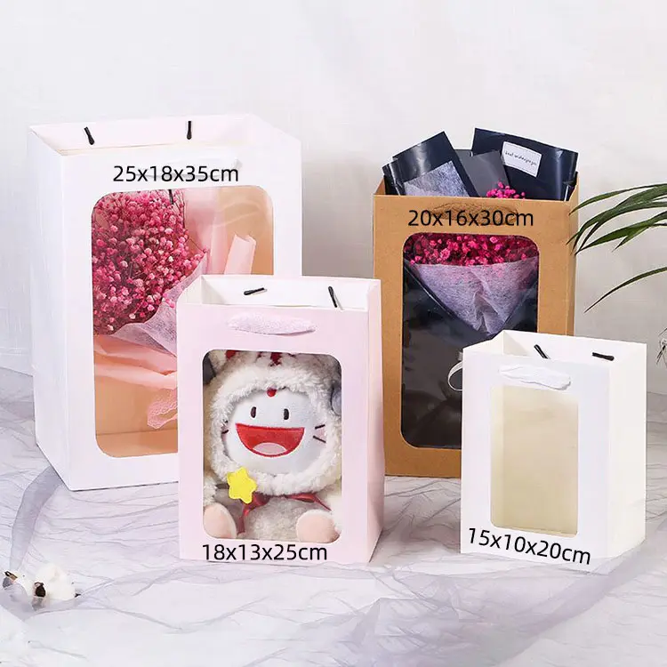 Groothandel Doorzichtige Bloemen Verpakking Papieren Zak Luxe Cadeau Tassen Met Transparant Venster Voor Bruiloft Cadeau Tassen Met Lint Handvatten