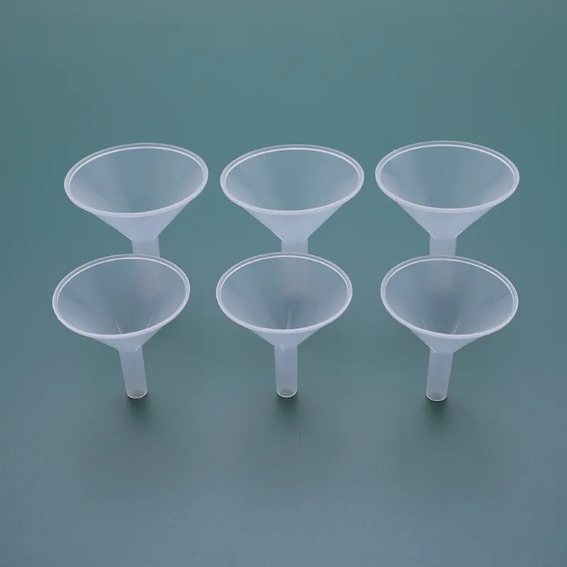 6個の透明な細い首の小さなキッチン使用ラボウォーターボトルパウダーカプセルオイル充填ボットミニプラスチック漏斗