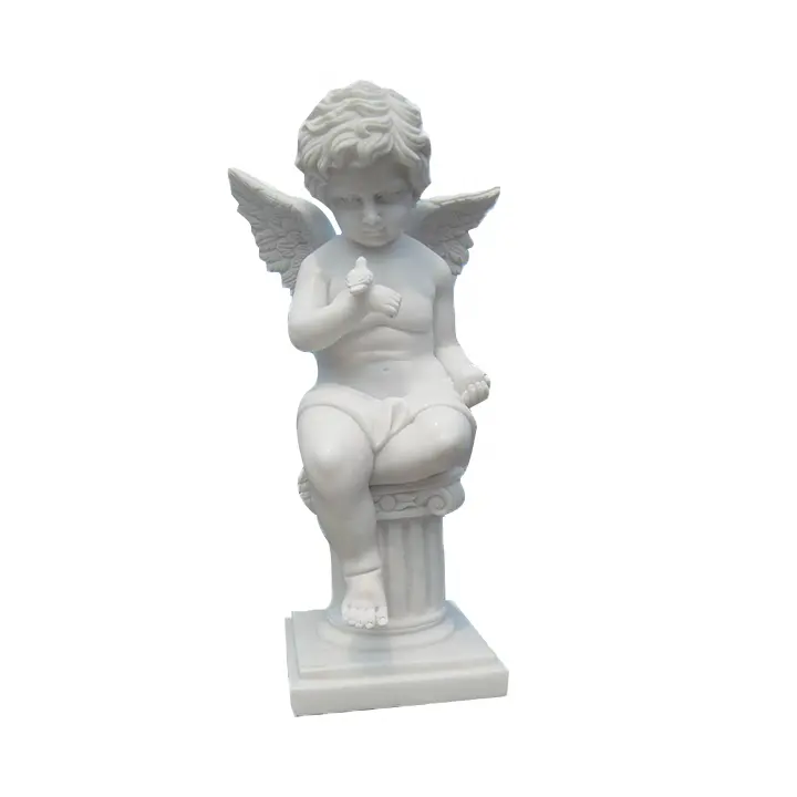 Hete Verkoop Westerse Stijl Groothandel Wit Marmeren Beeld Engel Vierkante Stenen Decoratie Handgesneden Kleine Baby Engel Standbeeld
