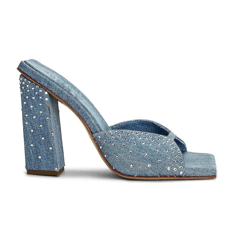 Sandália feminina azul personalizada, sandália brilhante de salto robusto com diamantes
