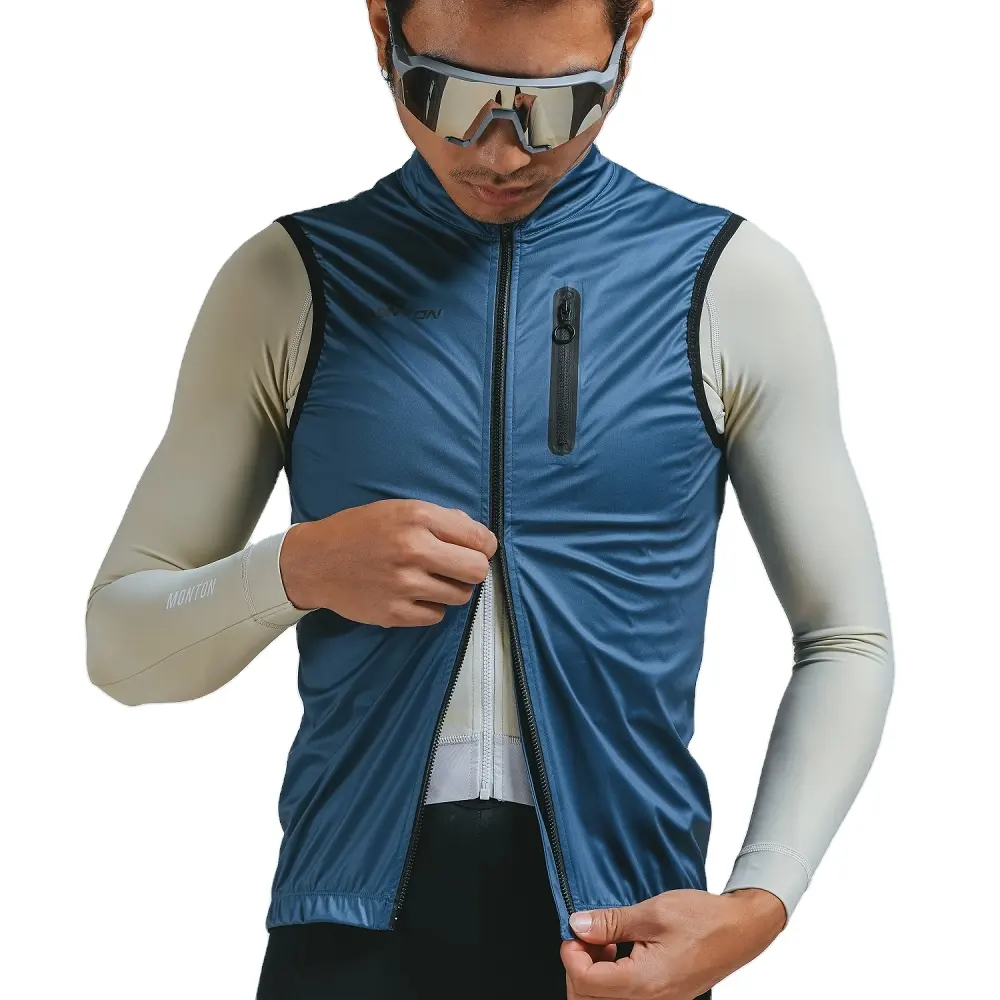 Venta al por mayor a prueba de viento para hombre bicicleta Chaleco de ciclismo con bolsillos Azul 2 vías cremallera plegable ropa de ciclismo personalizada