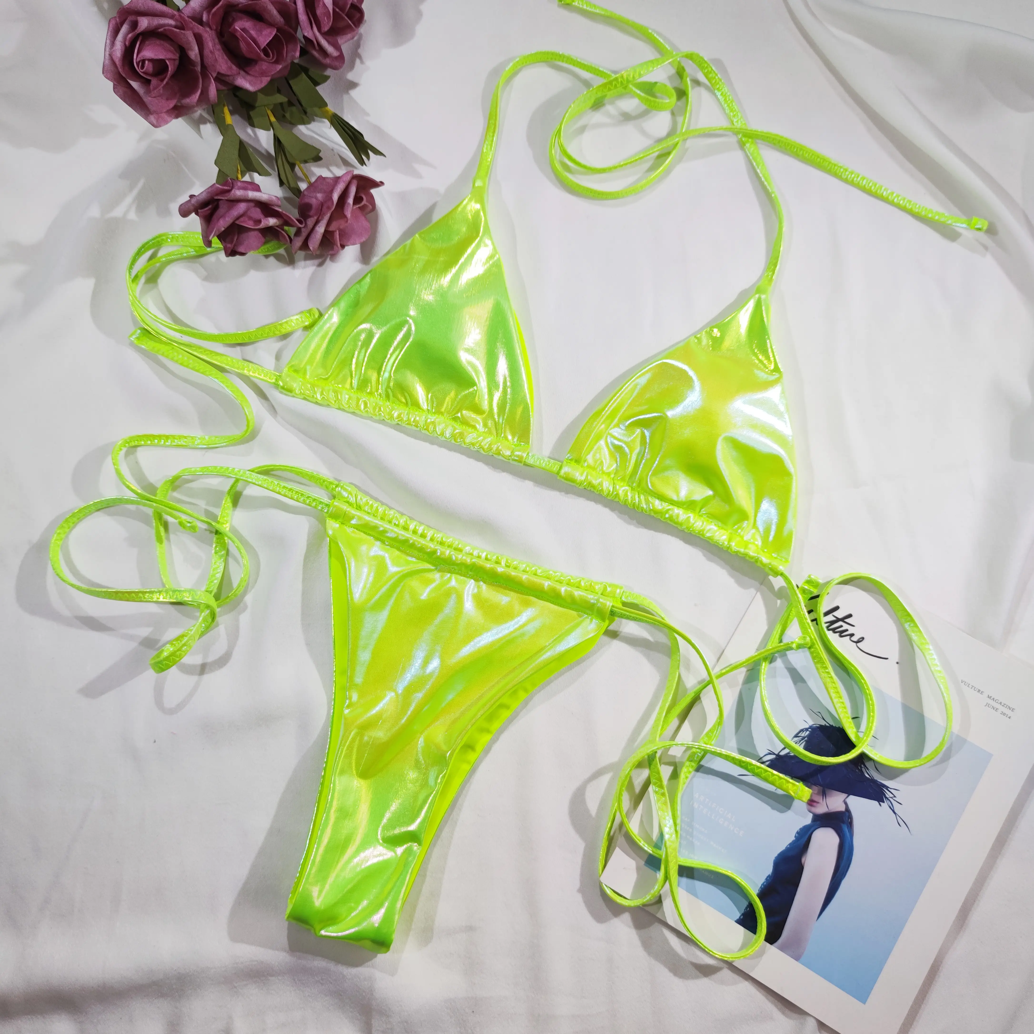 Bikini a triangolo 2023 due pezzi hot women bikini green swimwear metallic swimwear