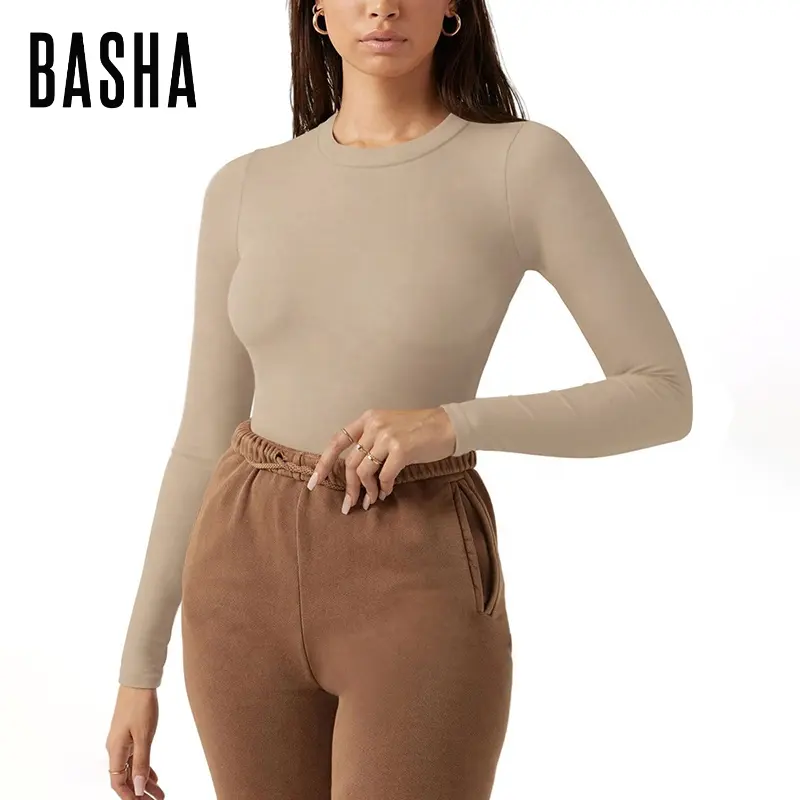 BASHAsports özelleştirilmiş kadın bisiklet yaka çift çizgili uzun kollu T shirt Bodysuits Tops Activewear rahat tulum