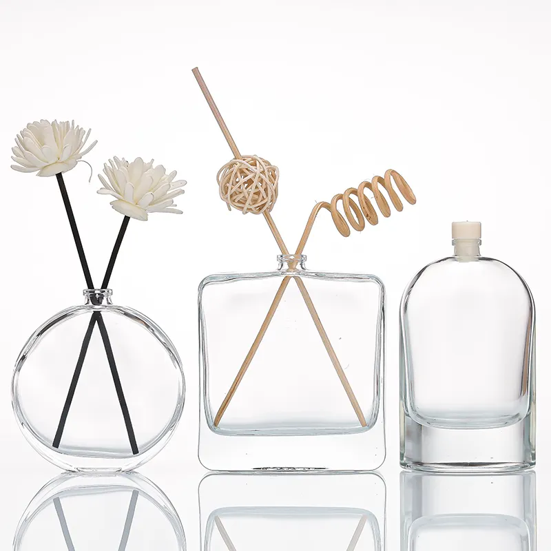 Botella de vidrio de aromaterapia sin fuego de alta calidad, diseño Circular cuadrado, recipiente de aceite esencial vacío, flor flotante, vid seca