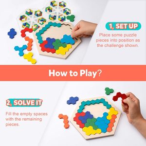 Rompecabezas hexagonal de madera para niños y adultos, bloque de patrón de forma, juguete de rompecabezas Tangram - Product Image 4