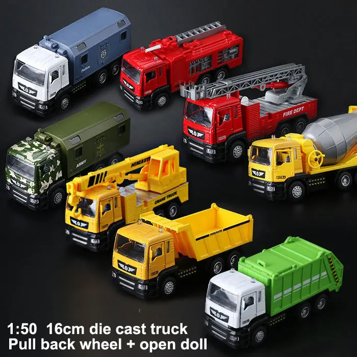 1:50 die cast camion 16 centimetri in lega di tirare indietro della macchina di costruzione saitation gru veicolo rooter dumper escavatore fuoco camion di scaletta giocattolo