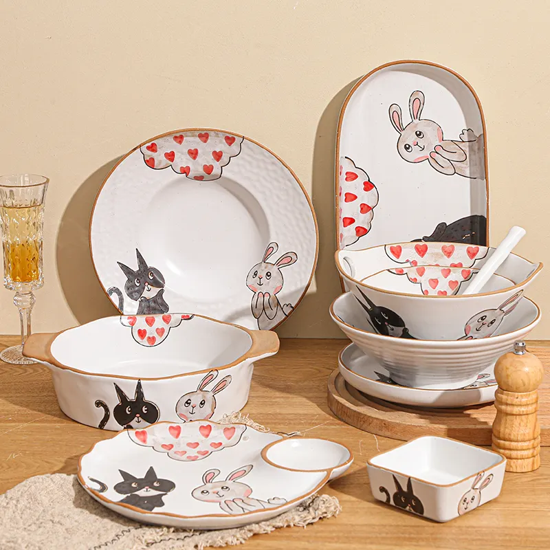 Newly Cute Christmas Cartoon Rabbit omaggi porcellana ceramica ciotola piatto cena set di stoviglie per 12 persone per 6 persone