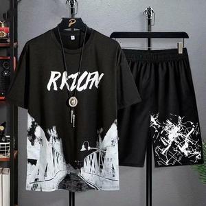 Erkek yazlık T-shirt takım rahat ince baskı spor Jogger kısa kollu üst şort 2 parça abd erkekler bir kıyafet spor 2 adet Set