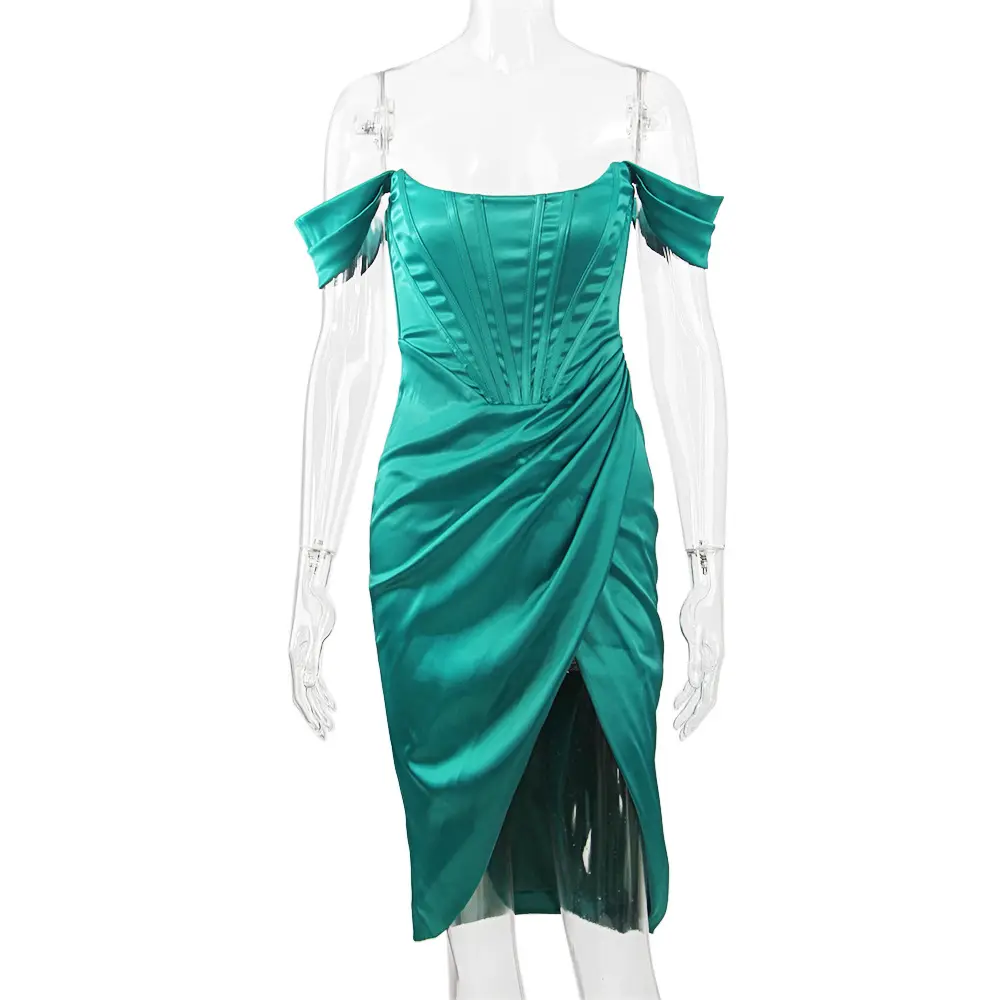 Robe Corset verte Sexy en Satin sans bretelles, épaules dénudées, taille haute, froncée, mi-longue