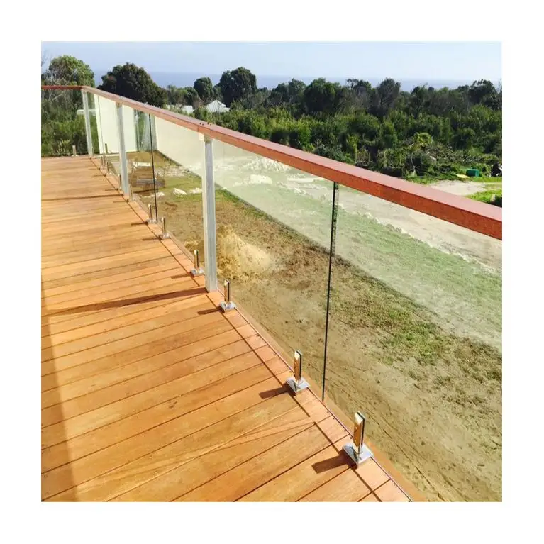 Boden montieren balkon verwenden gehärtetem glas zapfen geländer mit holz handlauf