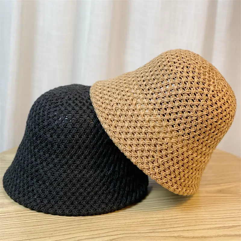 Cappello da secchio a cupola pieghevole estivo in paglia 2024 con cappello da spiaggia semplice cappello da donna morbido all'uncinetto fatto a mano