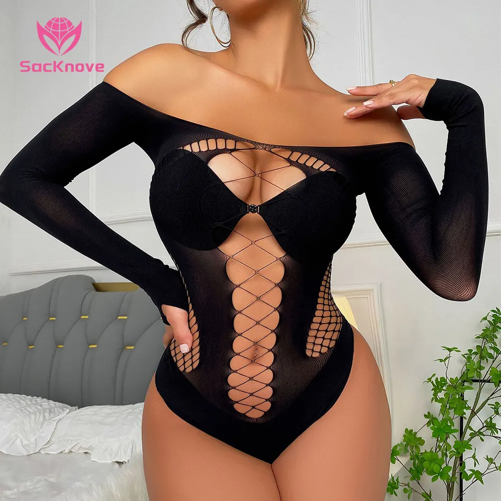 SacKnove-Bodystocking de malla de manga larga para mujer, 2022, lencería transparente,