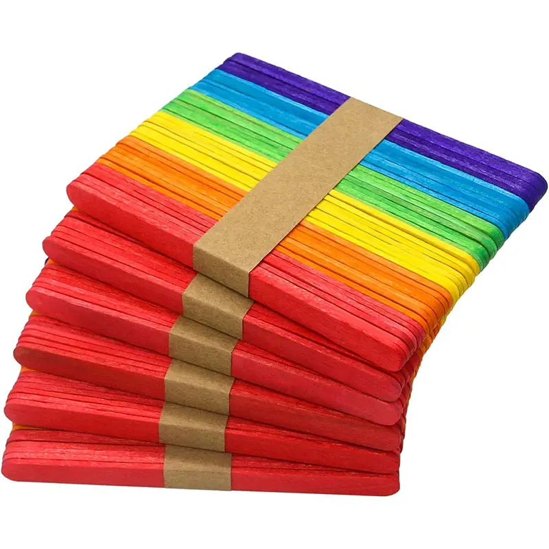 Paletas de helado de color impresas de madera de borde redondo de 114mm de madera china para manualidades creativas DIY