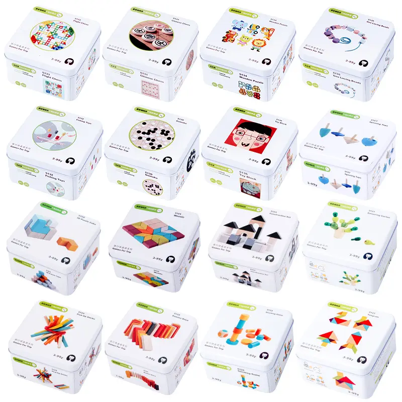 Multifunctionele Houten Mini Ijzeren Doos 3d Legpuzzels Bouwsteen Dominos Kinderen Educatief Leren Speelgoed Voor Kinderen Jongens Meisjes