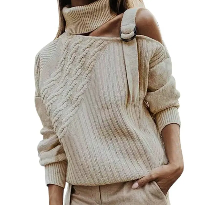 Pull à col roulé pour femmes, modèle à la mode automne et hiver couleurs unies, vêtements chauds, épaules dénudées