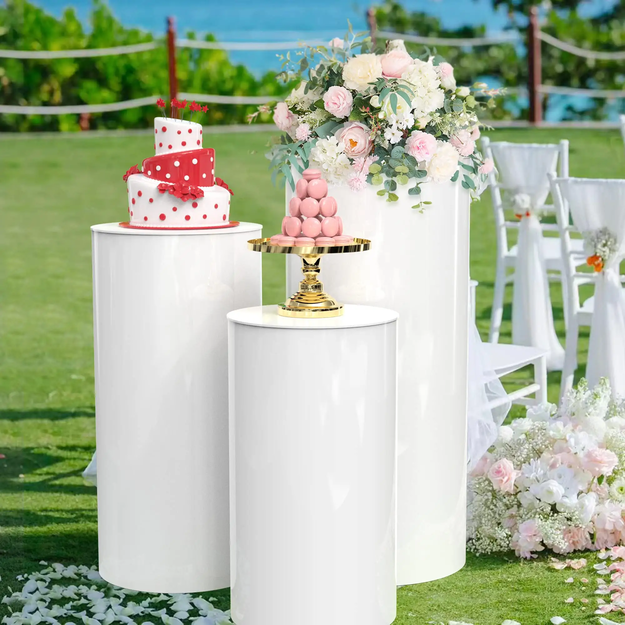 Set di 5 cilindri piedistallo cilindro plinto scatola da esposizione Stand per festa di nozze Baby Shower decorazione di compleanno