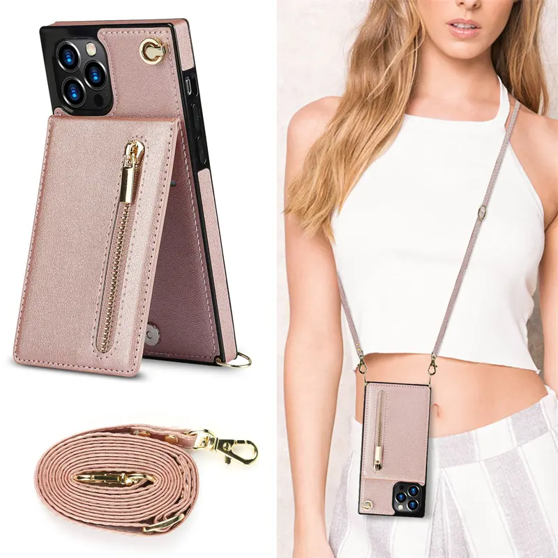 Luxus quadratischen Reiß verschluss Leder Brieftasche Lanyard Cross body Halskette Handy hülle für iPhone 11 12 13 14 15 Pro max plus x xr xs mini