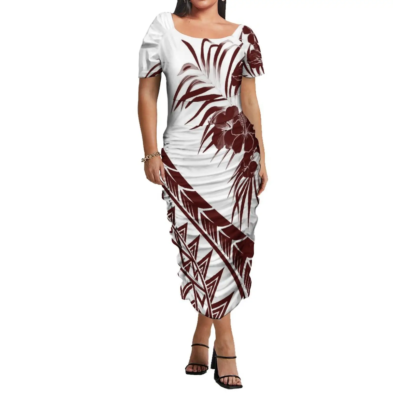 Penjualan Laris Gaun Lipit Bodycon Elegan Wanita Pakaian Polinesia Tak Terdefinisi Kustom Bunga Kembang Sepatu Cetak Midi Gaun Hawaii