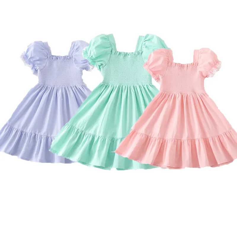 Fuyu Personalizado Mangas Curtas Smocked Pliado Meninas Adolescentes Vestidos Casuais Crianças Algodão vestido de bebê menina 2-3 anos