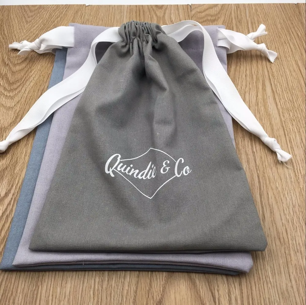 Custom Logo Printed Linen Cotton Drawstring Pouch Soft Light Grey Blue Cotton Linen Gift Packaging Bag