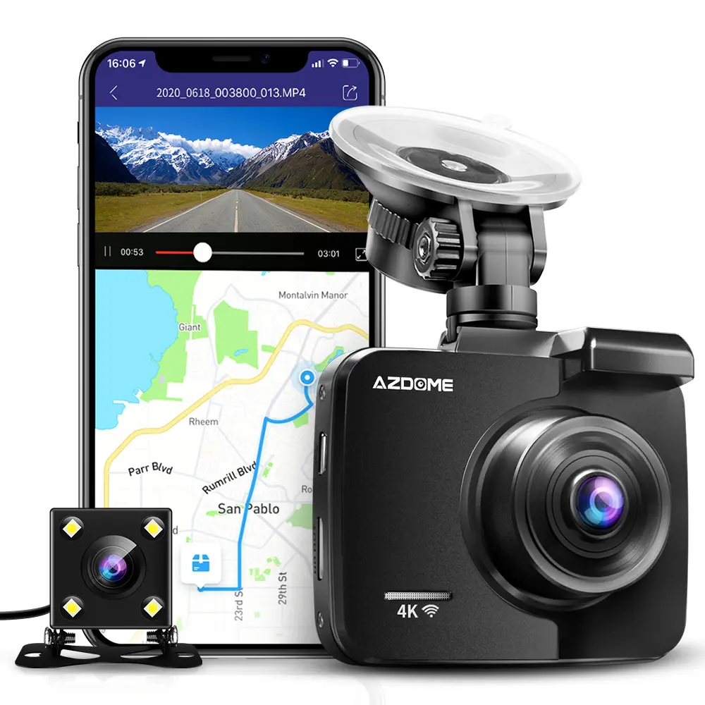 Azdome กล้องติดรถยนต์ GS63 Pro พร้อม WiFi GPS ด้านหน้าและด้านหลังเลนส์คู่กล้องมองกลางคืนรถยนต์กล่องดำจากโรงงานขายส่งกล้องติดรถยนต์4K