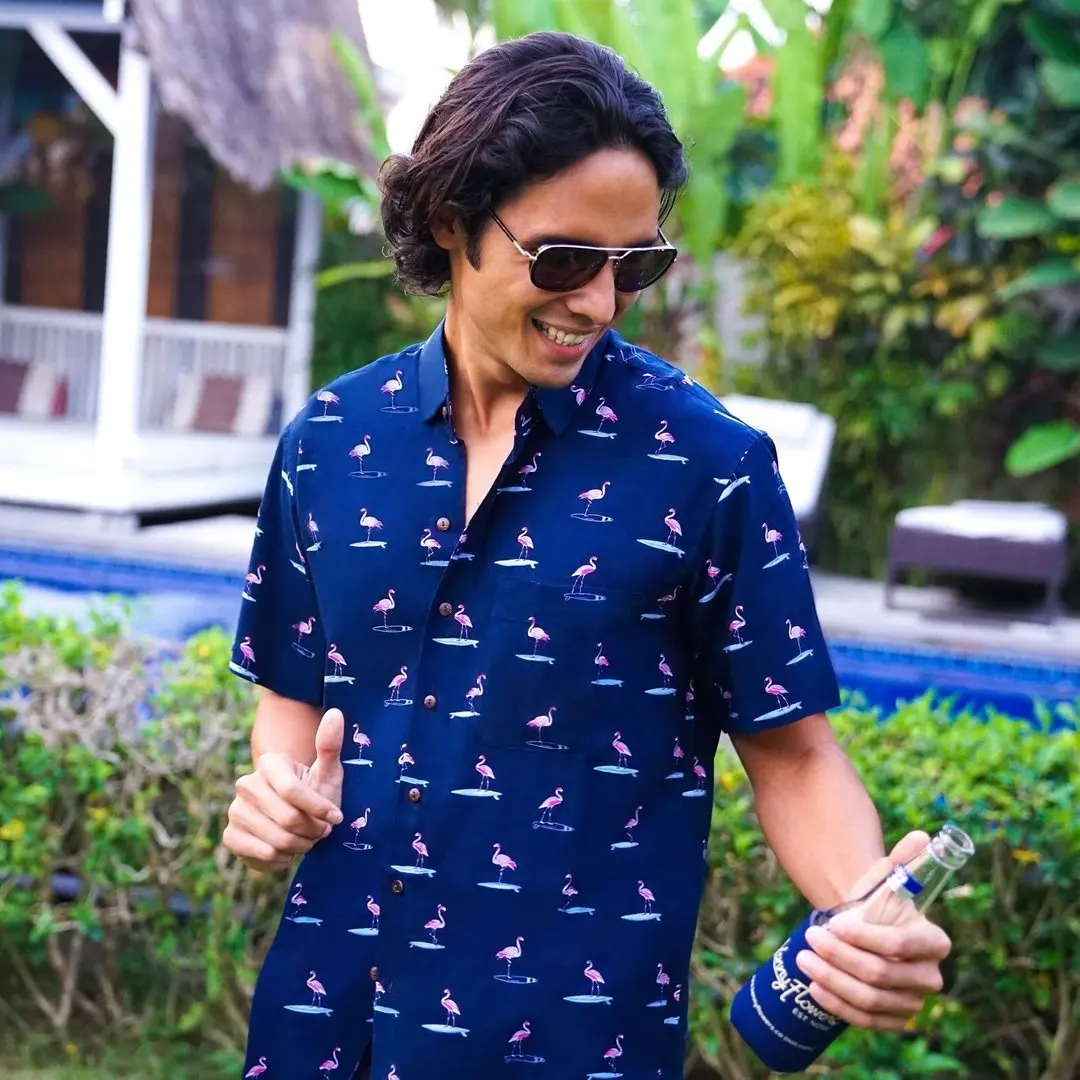 Yingling camicia da fenicottero personalizzata da uomo di lusso all'ingrosso che stampa camicia hawaiana da uomo 100% Rayon Navy Golf Shirt