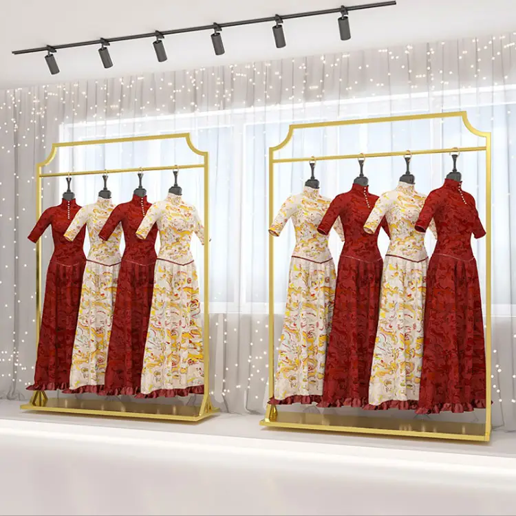Expositor de vestido de casamento dourado resistente, estante de exibição de roupas para varejo, loja de noiva