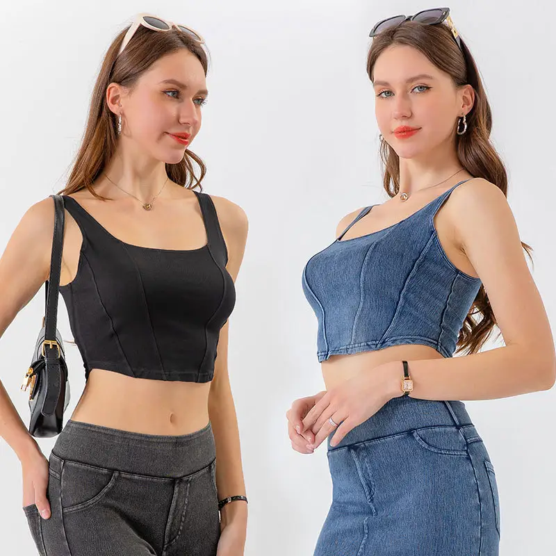 Denim Tecido Sem Mangas Denim Tecido Sem Mangas Em Forma de U Estiramento Cropped Top Quick-Dry Fitness Wear Plus Size Roupas Femininas