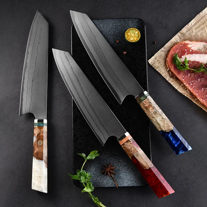 Nouveauté couteau de chef en acier plaqué de 8 pouces de qualité japonaise professionnelle à 7 couches avec manche coloré