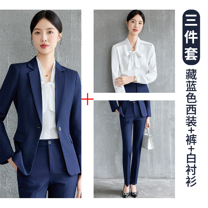Navy blue suit, white shirt and trousers
