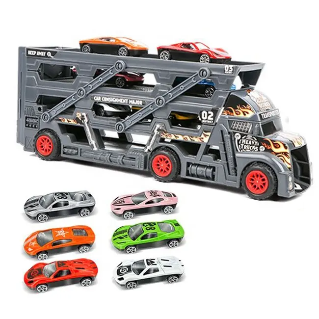 Pieghevole in metallo giocattoli del camion di espulsione auto includono 6 auto in metallo divertente contenitore camion giocattolo con adesivi FAI DA TE