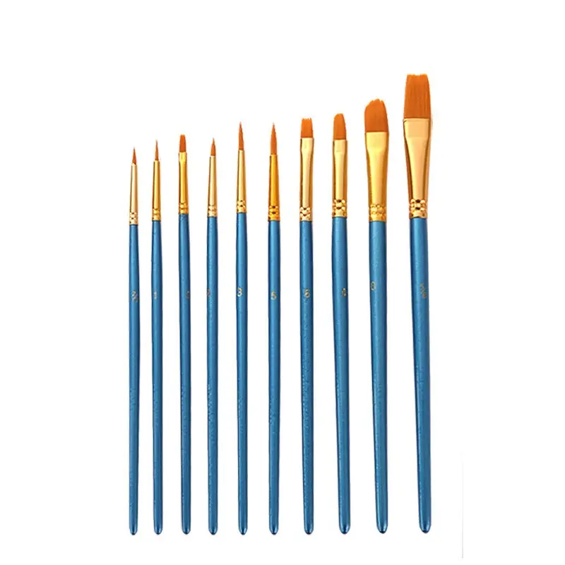 10 unids/pack pinceles de pintura de colores de agua: pelo de nailon, acrílico/delineador de aceite, gouache de arte