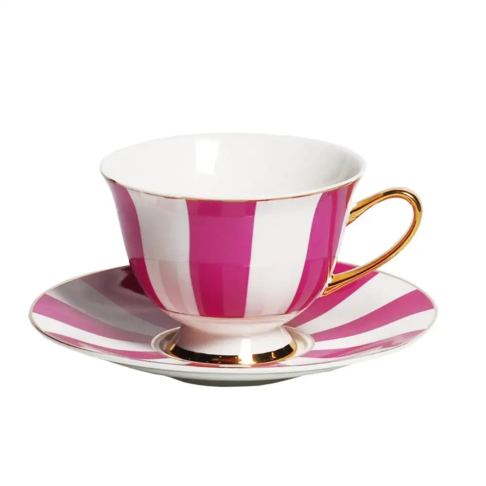 Vente en gros Tasse et soucoupe à thé en porcelaine au design rayé Tasse et soucoupe à thé personnalisées avec bord doré