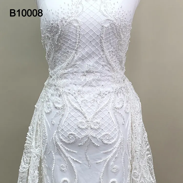 Fashion Party Designs White Bride Bead Sequin Floral Embroidery Wedding Net Lace for Lady Dress