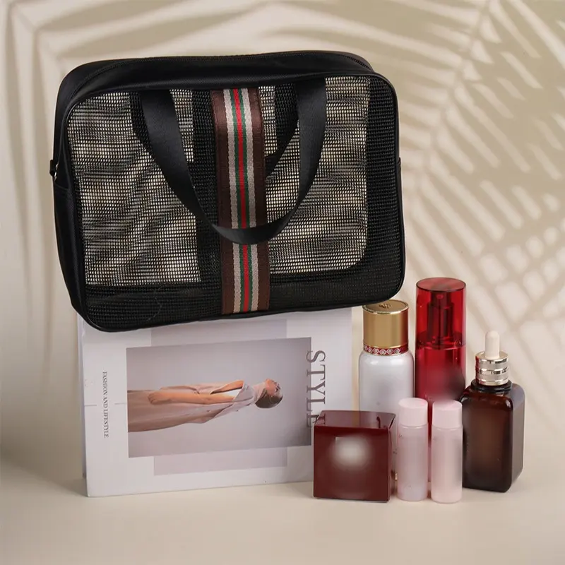 Yeni tasarım siyah örgü makyaj çantası Polyester Net seyahat kozmetik çantası makyaj seti çantası