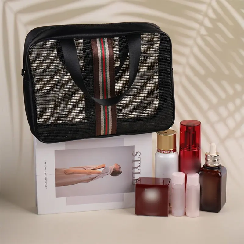 Borsa da toilette in maglia nera di nuovo Design con rete in poliestere borsa cosmetica da viaggio kit per il trucco