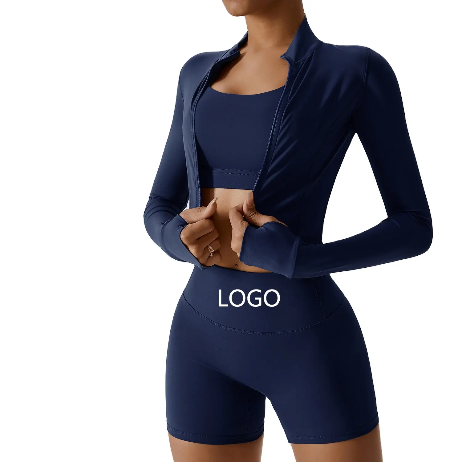 2023 nuevas mujeres elástico manga larga gimnasio Yoga sujetador mallas chaqueta secado rápido Fitness 3 piezas Yoga conjunto soporte logotipo personalizado