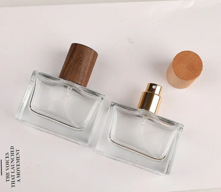 Frasco de perfume de luxo 30ml, frasco de vidro spray de perfume, tampa de madeira, vidro retangular, embalagem de garrafa