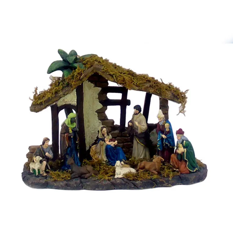 Op Maat Gemaakte Hars Beeldje Religieus Ornament Kerststal Set Met Led Licht Muziek