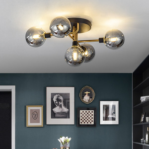 Modern <strong>Design</strong> Amber Color Glass Ball Ceiling Lamp 5 Heads Metal Plate Pendant Light Surface Mounted <strong>LED</strong> Chandelier - Product Image 3