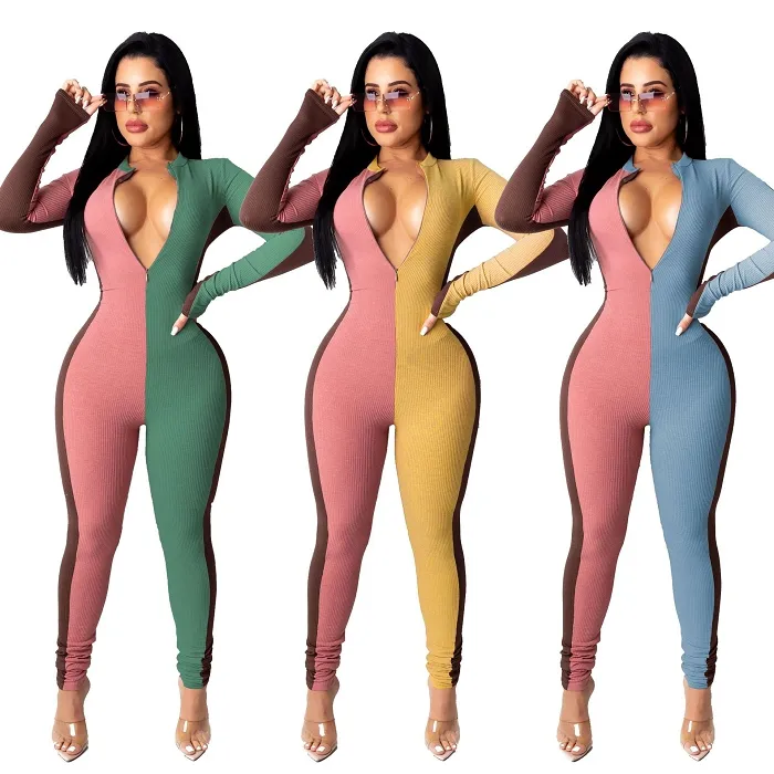 2020 Women Jumpsuits And rompers Plus Size Playsuit Jumpsuit For Fat Women Fall Winter Patchwork Ribbed Knit Jumpsuit Women